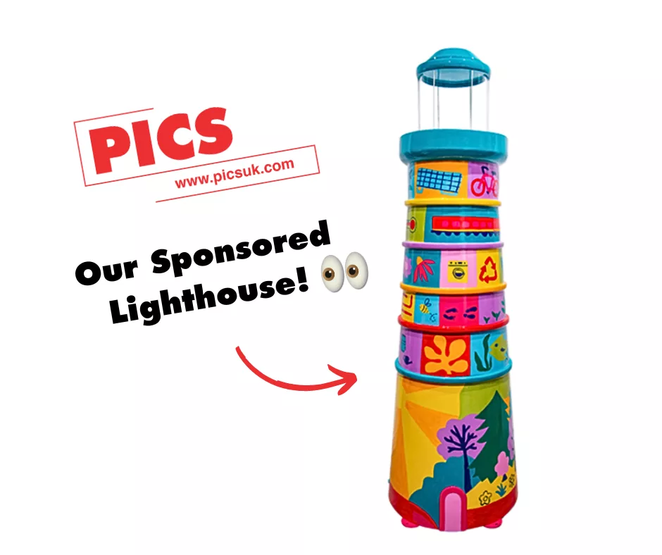 PICS sponsored lighthouse with colorful pattern imprinted concrete design.