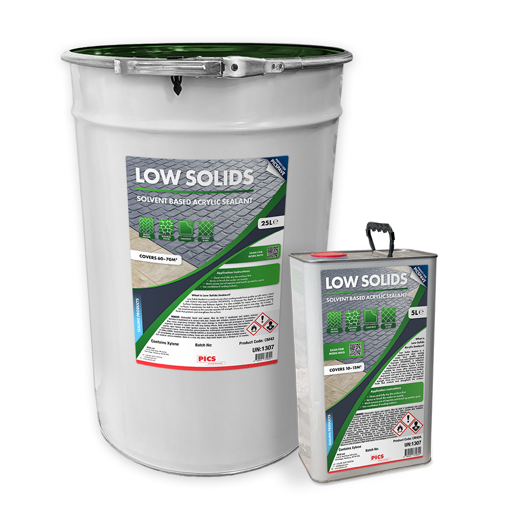 Product photo of PICS Low Solids Sealant showing both the 25L drum and 5L tin together in a white studio setting